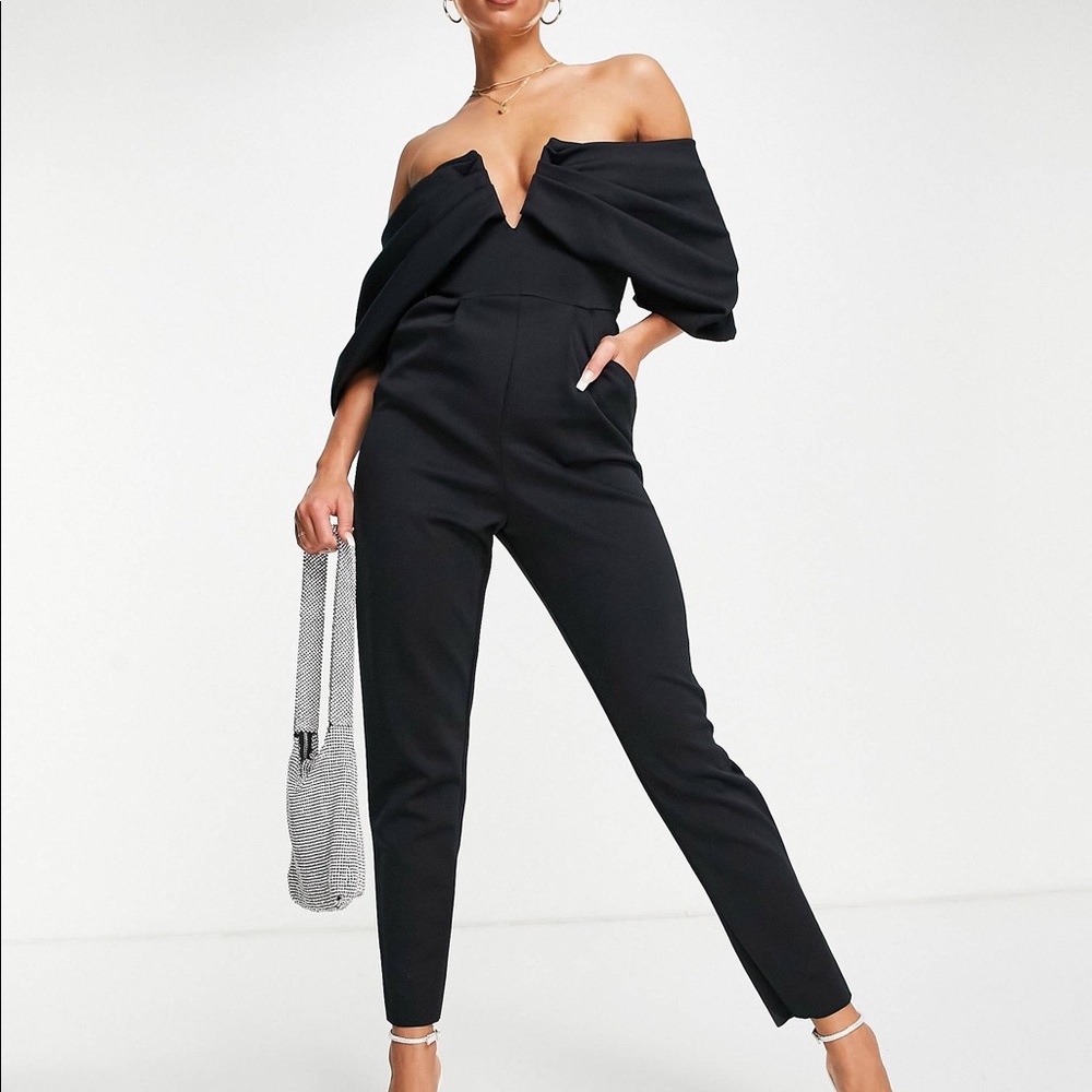 Scuba off the shoulder v-bar slim leg jumpsuit